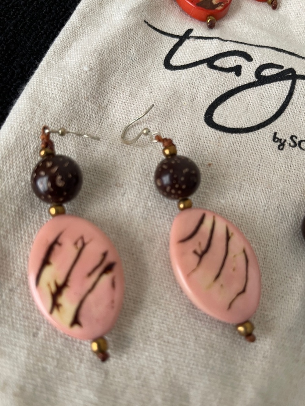 Handcrafted Pink Tagua Drop Earrings - Picture 4 of 6